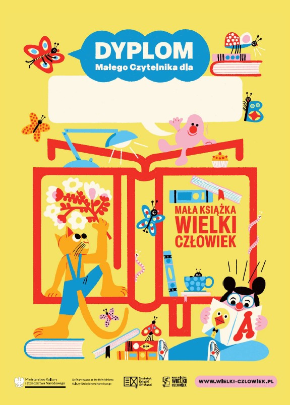 Na żótym tle kolaż stylizowanych obrazków: kot, książka, czytające dziecko, motyl, napis: dyplom małego czytelnika, na dole logotypy