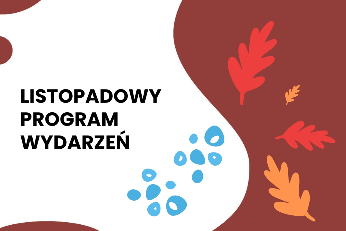Na białym tle napis: listopadowy program wydarzeń. Do tego elementy dekoracyjne.