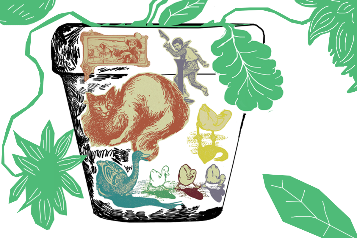 Doniczka oklejona obrazkami dla dzieci. Tło w zielone liście.