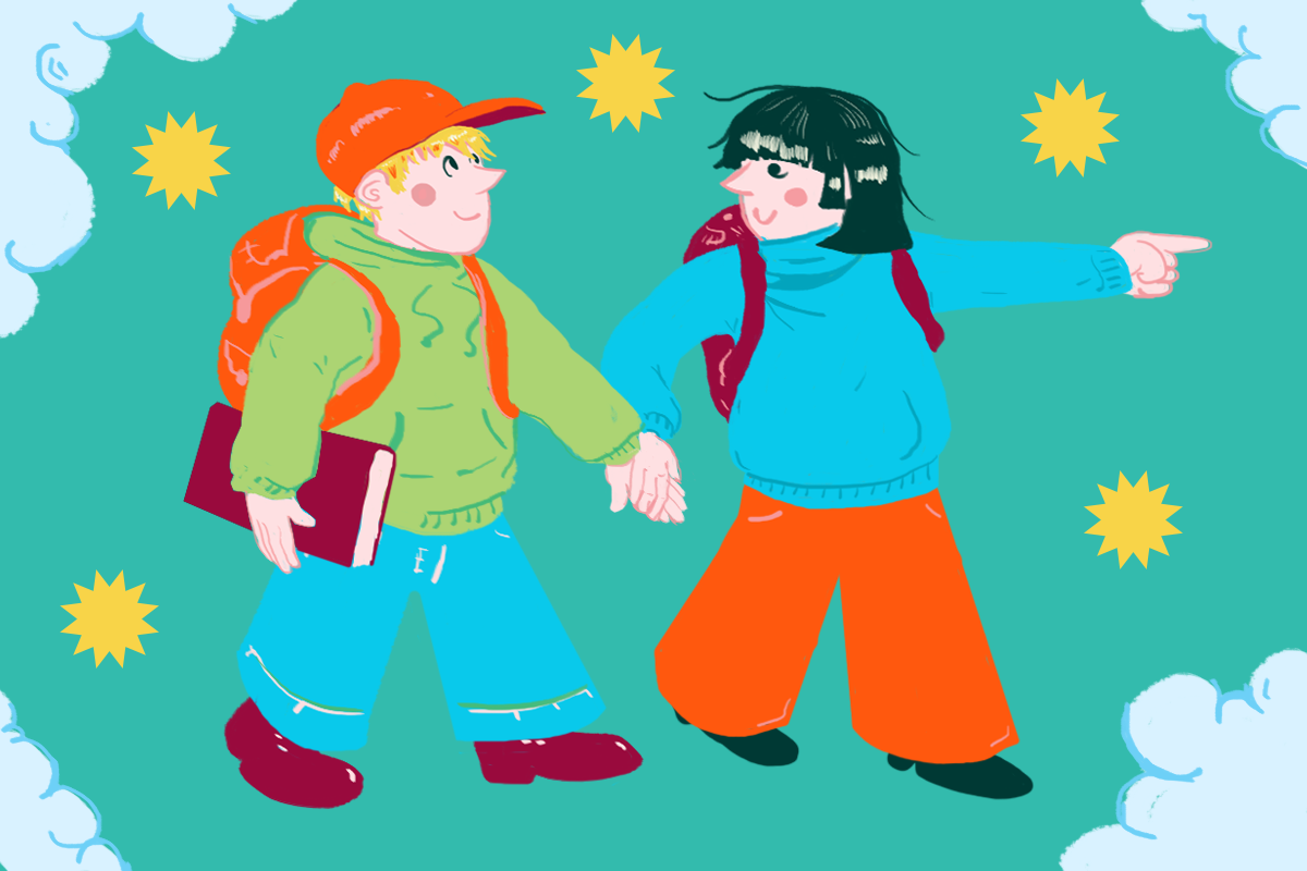 Rysunek. Dziewczynka i chłopiec idą przed siebie