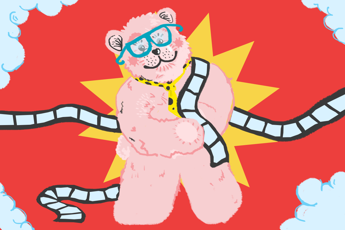 Miś zaplątany w taśmę filmową