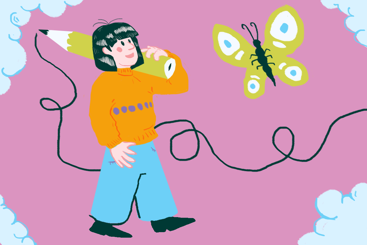 Rysunek chłopca z dużą kredką na ramieniu, z której końcówki wychodzi zakręcona linia; w prawym górnym rogu unosi się motyl