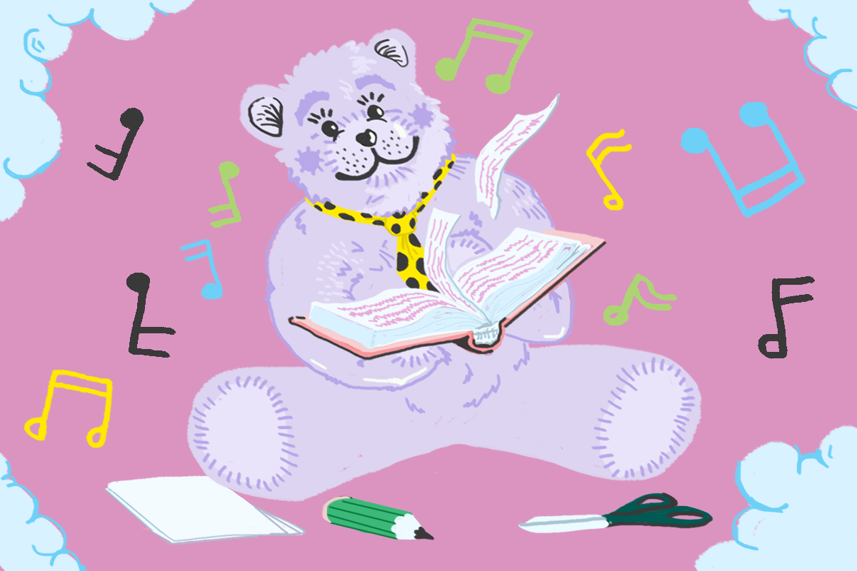 Siedzący miś, który trzyma otwartą książkę, z której wyfruwają nuty