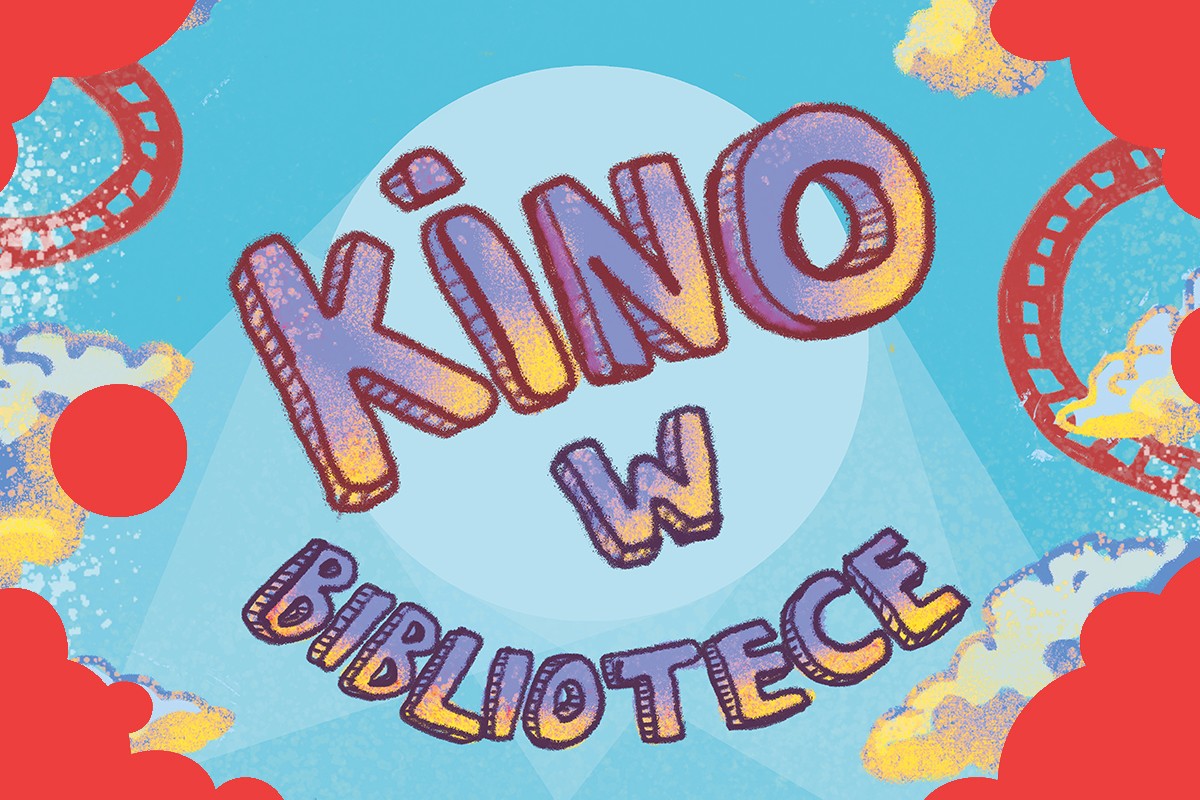Fioletowo-żółty napis "kino w bibliotece" na niebieskim tle; obramowanie w kształcie chmury w kolorze czerwonym