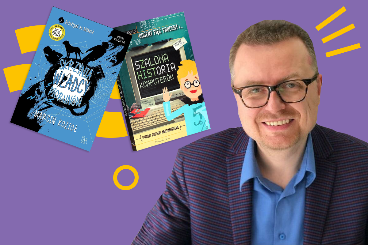 Zdjęcie autora ma fioletowym tle, po lewej okładki dwóch książek.