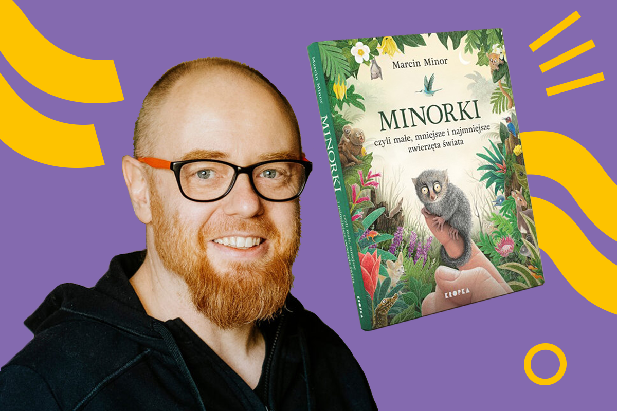 Zdjęcie autora ma fioletowym tle. W prawym rogu książka.