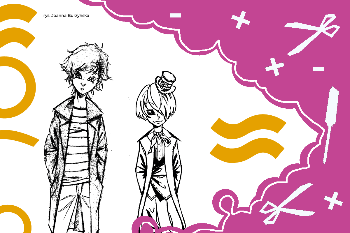Dwie postaci w stylu mangowym na białym tle; powyżej napis: "rys. Joanna Burzyńska"; po prawej chmura z piktogramami narzędzi; na całej grafice żółte symbole geometryczne