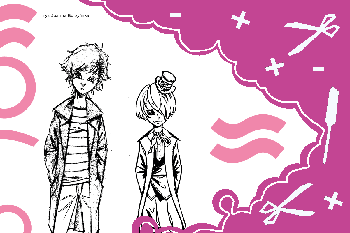 Dwie postaci w stylu mangowym na białym tle; powyżej napis: "rys. Joanna Burzyńska"; po prawej chmura z piktogramami narzędzi; na całej grafice żółte symbole geometryczne