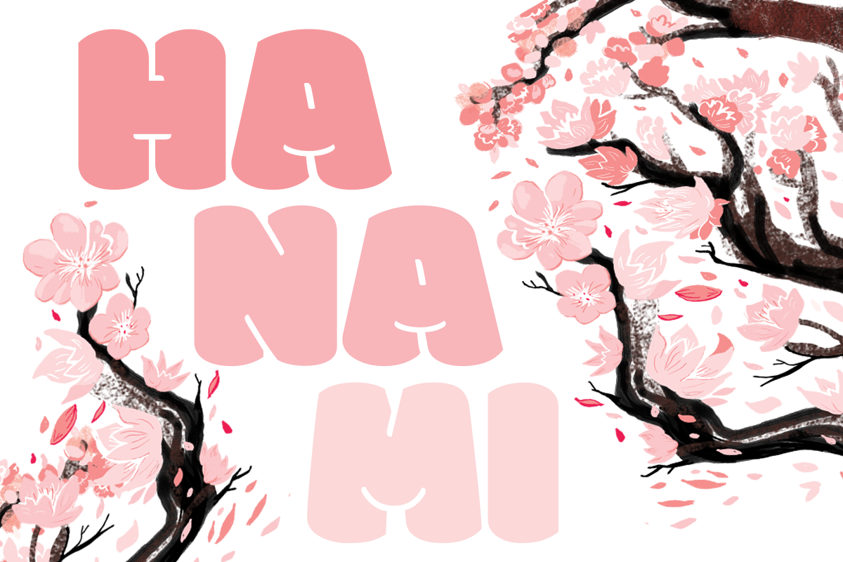 Różowy napis Hanami w centralnej części otoczony kwitnącymi gałęziami wiśni