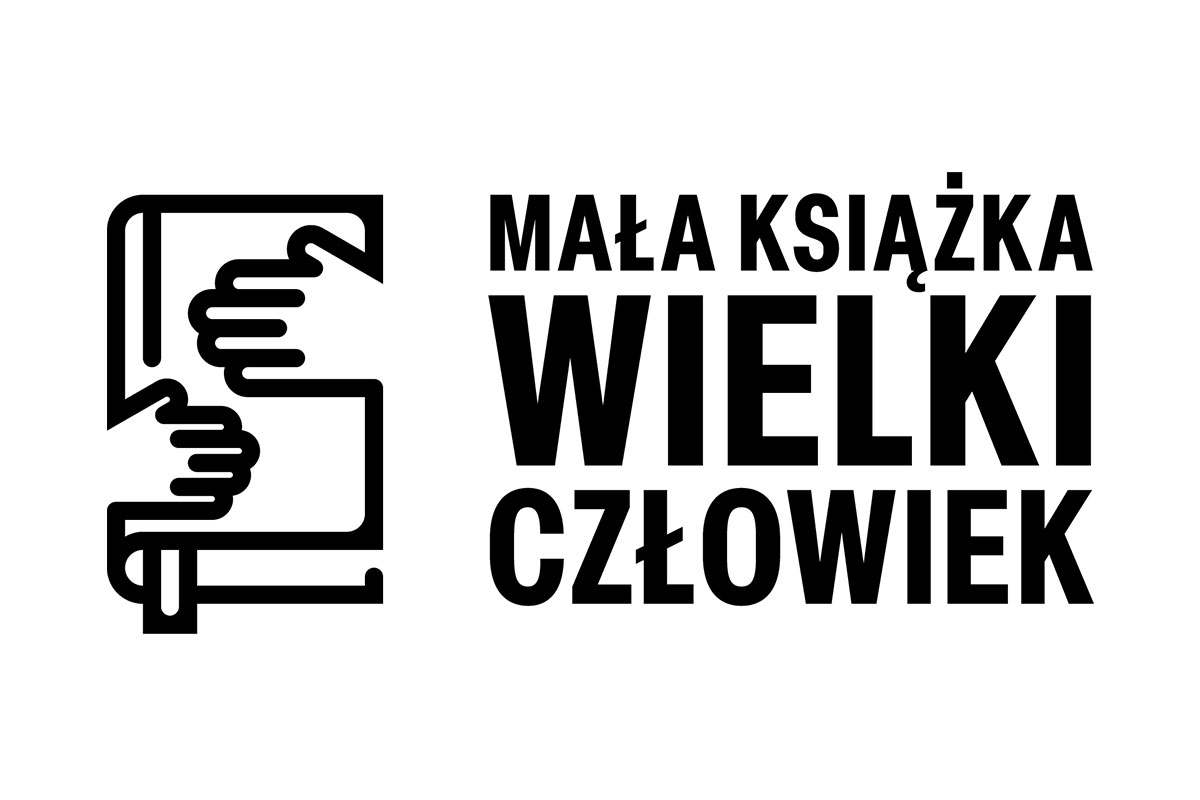 Logotyp akcji "Mała książka - wielki człowiek"; po lewej piktogram przedstawiający dwie ręce trzymające zamkniętą książkę; po prawej tytuł