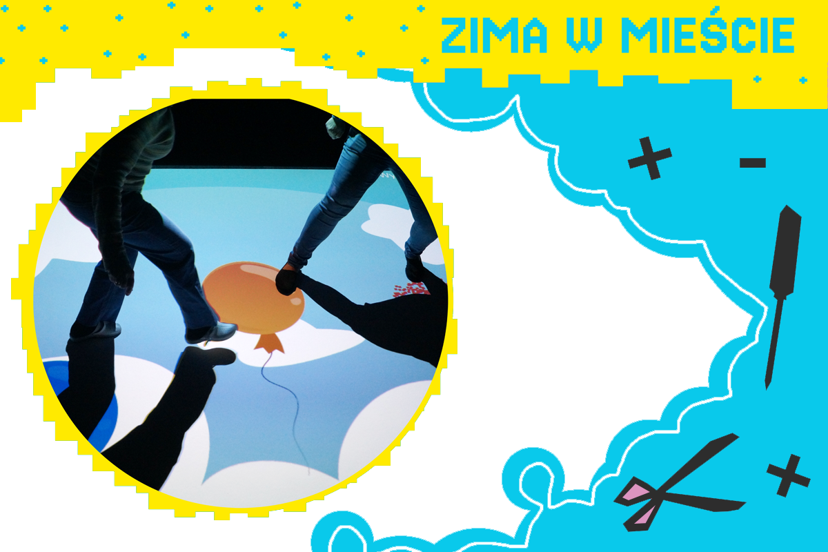 grafika w kolorze żółto-niebiesko-biało-czarnym; u góry napis "Zima w mieście"; po lewej czarny napis "Magiczny dywn" i biały podtytuł "Niezwykła podłoga interaktywna";  po lewej zdjęcie bawiących się na dywanie