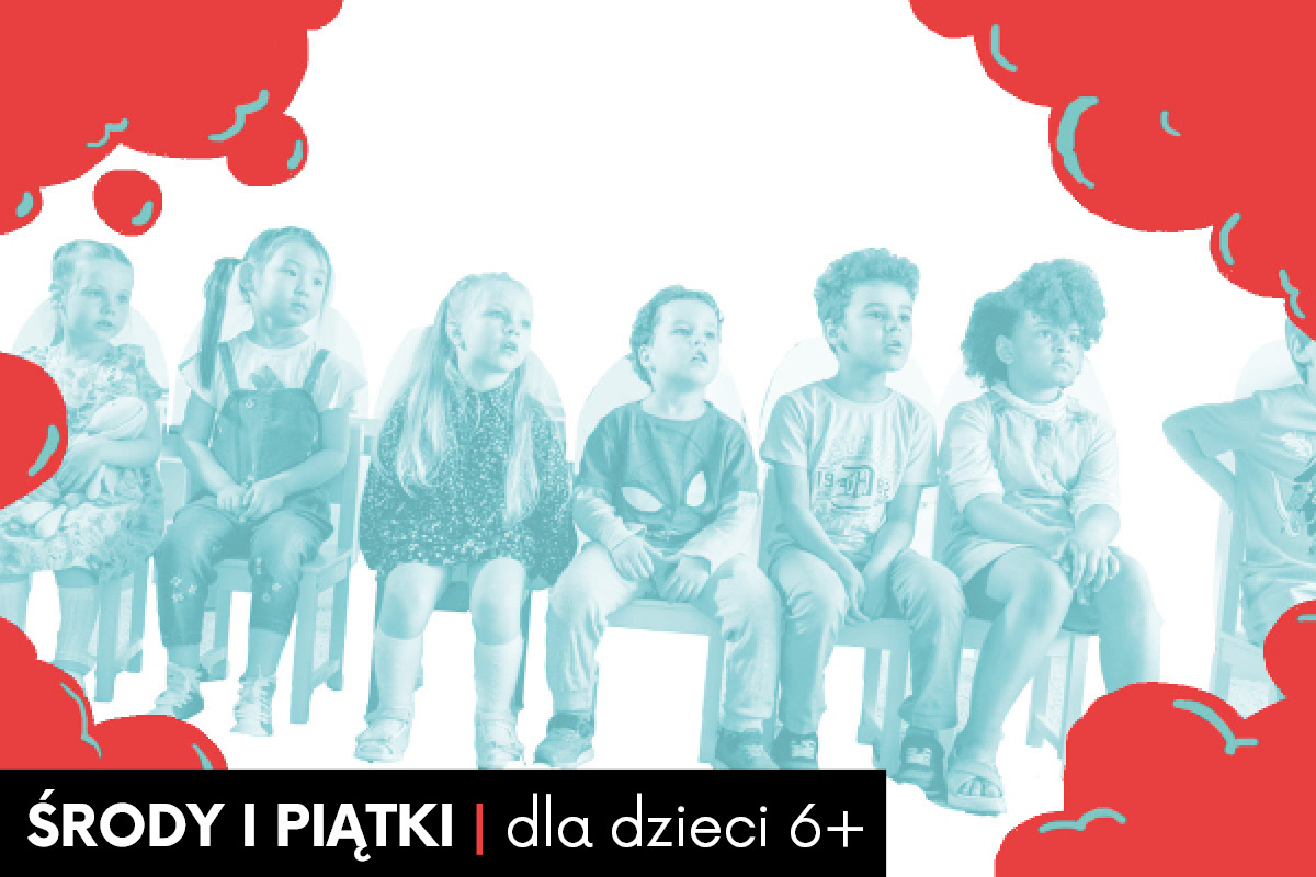 Grupa dzieci siedząca w rzędzie na białym tle. Dookoła czerwone chmury.
