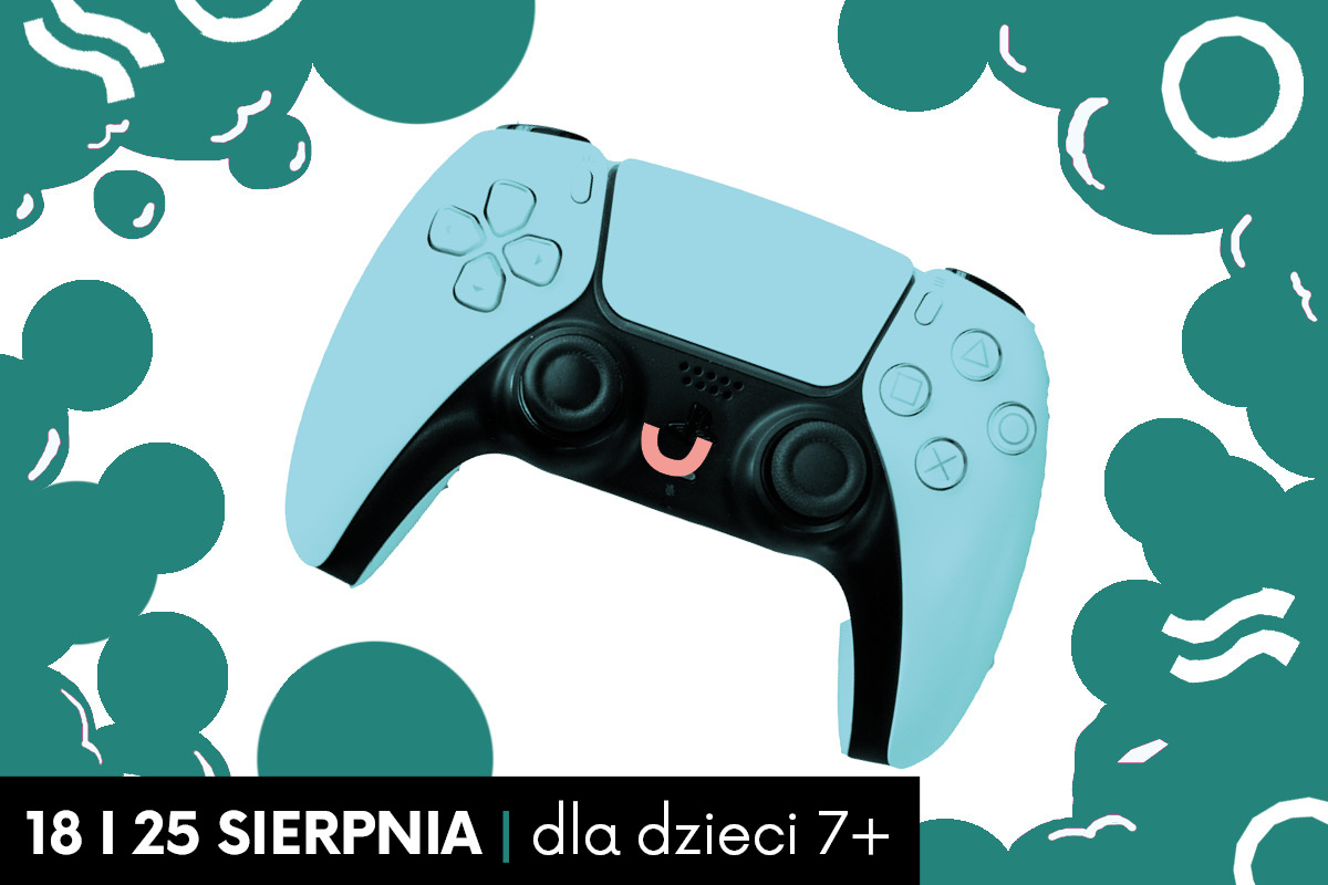 Błękitno-czarny pad z dorysowanym uśmiechem na białym tle. Dookoła zielona chmura z piktogramami. Z lewej strony czarny pasek z napisem: 18 i 25 sierpnia | dla dzieci 7+.