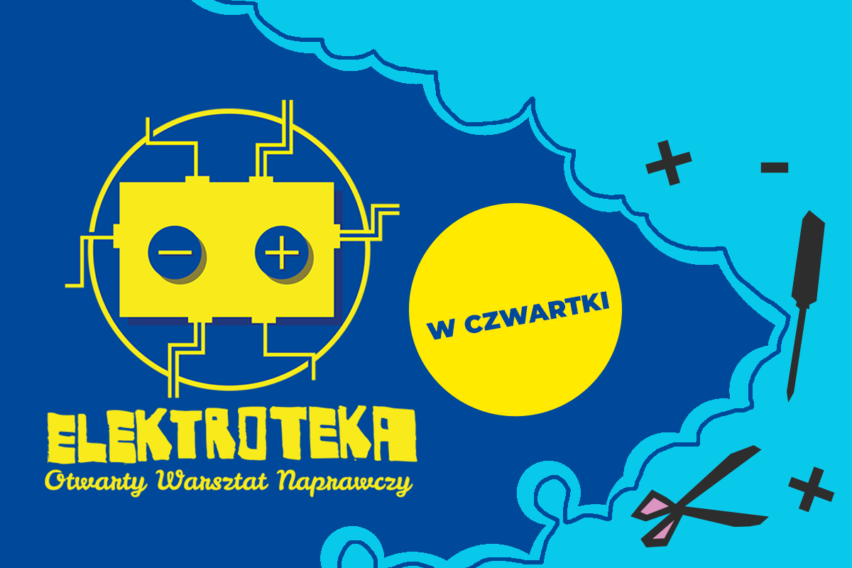 Grafika przedstawiająca żółty logotyp Elektroteki na granatowym tle; obok po prawej żółte kółko z napisem "W czwartki"; niebieska chmura z piktogramami narzędzi z prawej strony grafiki