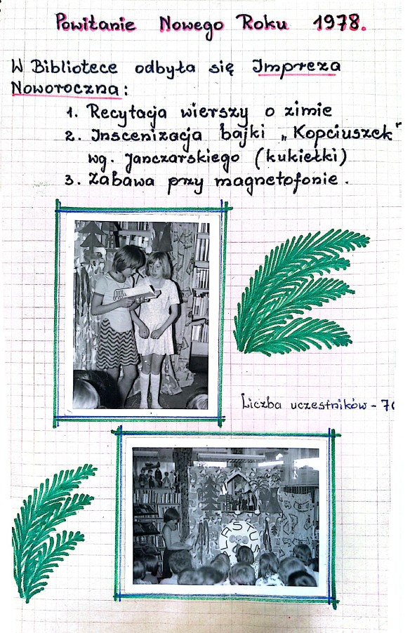 Karta z kroniki bibliotecznej, tekst zawarty w artykule dwa czaro-białe zdjęcia z przedstawienia teatralnego