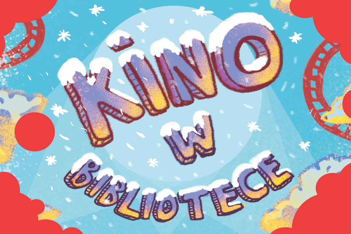 Na niebiesko-żółto-czerwonym tle napis: kino w bibliotece, śnieg na literach