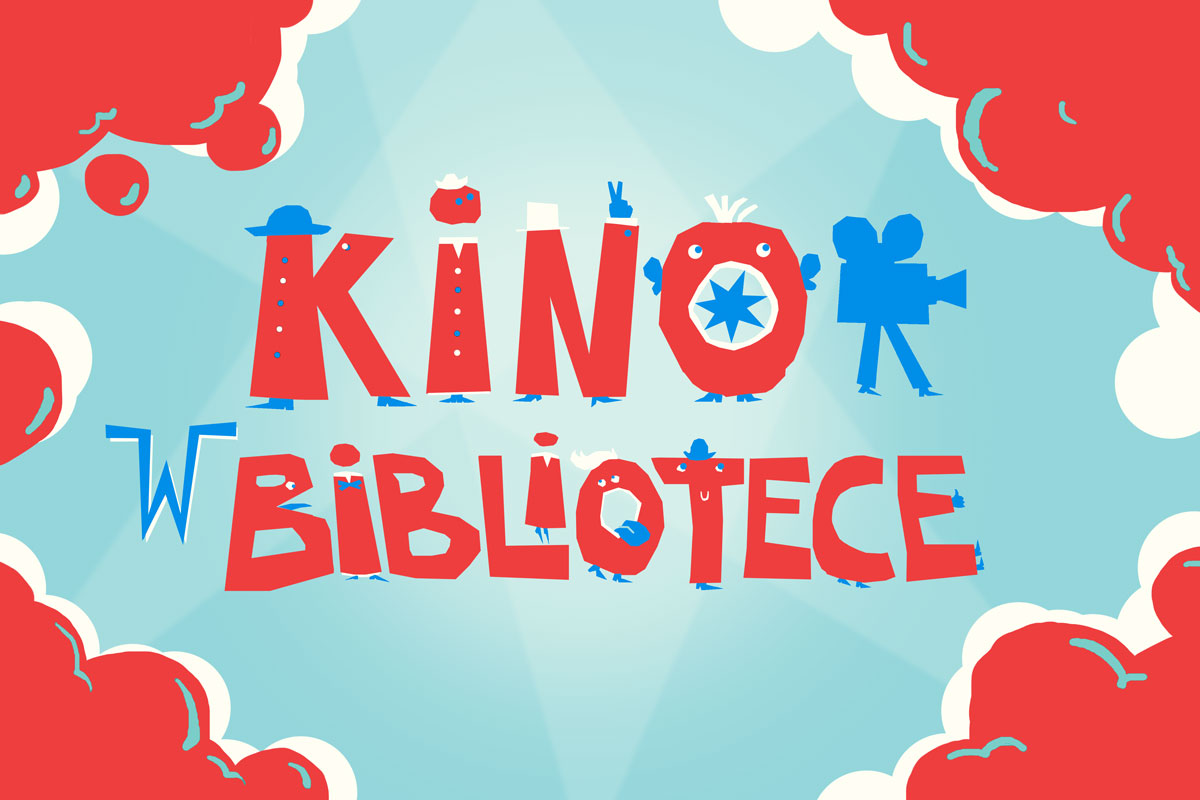 Fioletowo-żółty napis "kino w bibliotece" na niebieskim tle; obramowanie w kształcie chmury w kolorze czerwonym. 