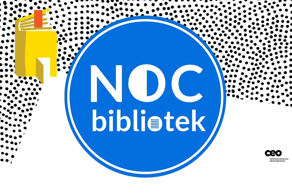Żółta książka i logo Nocy Bibliotek, w tle czarne kropki. Na dole napis KINO i pomarańczowa data: 