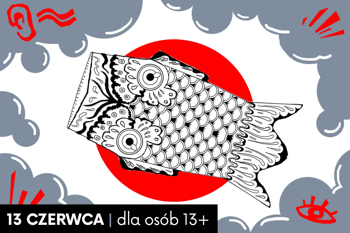 Ilustracja ryby stylu japońskim na białym tle; w tle duża czerwona kropka; dookoła krawędzi szare chmury na których znajdują czerwone znaki i ikonki.