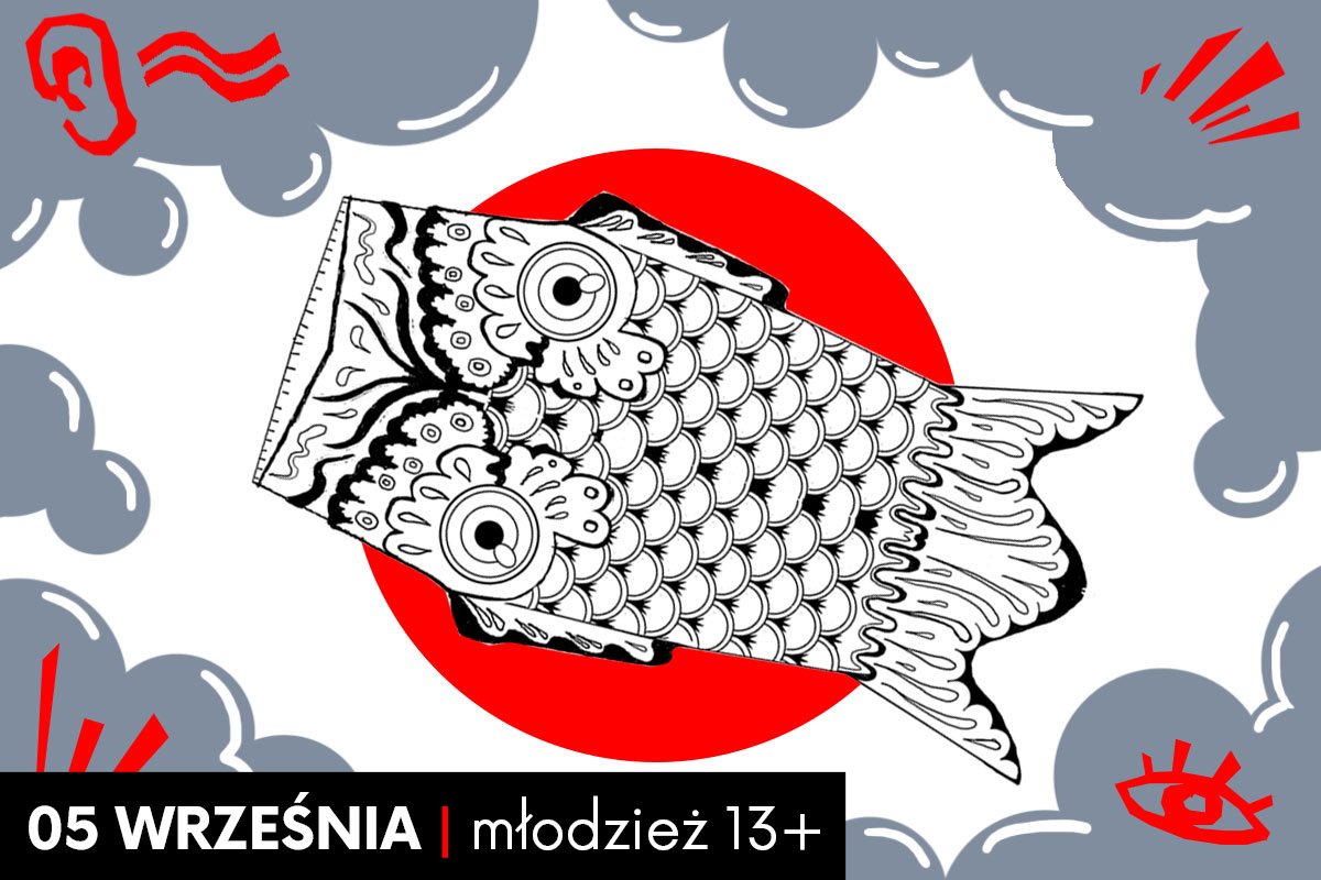 Ilustracja ryby stylu japońskim na białym tle; w tle duża czerwona kropka; dookoła krawędzi szare chmury na których znajdują czerwone znaki i ikonki.