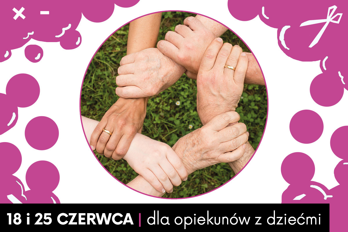 Zdjęcie dłoni dorosłych w okręgu. Dookoła różowe chmurki z ikonami i piktogramami.