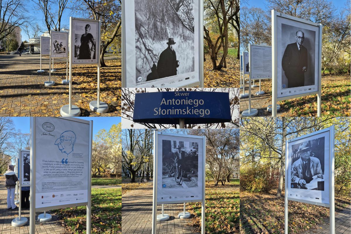 Kolaż zdjęć z wystawy plenerowej o Antonim Słonimskim: stojaki wystawowe, w tle jesienne drzewa