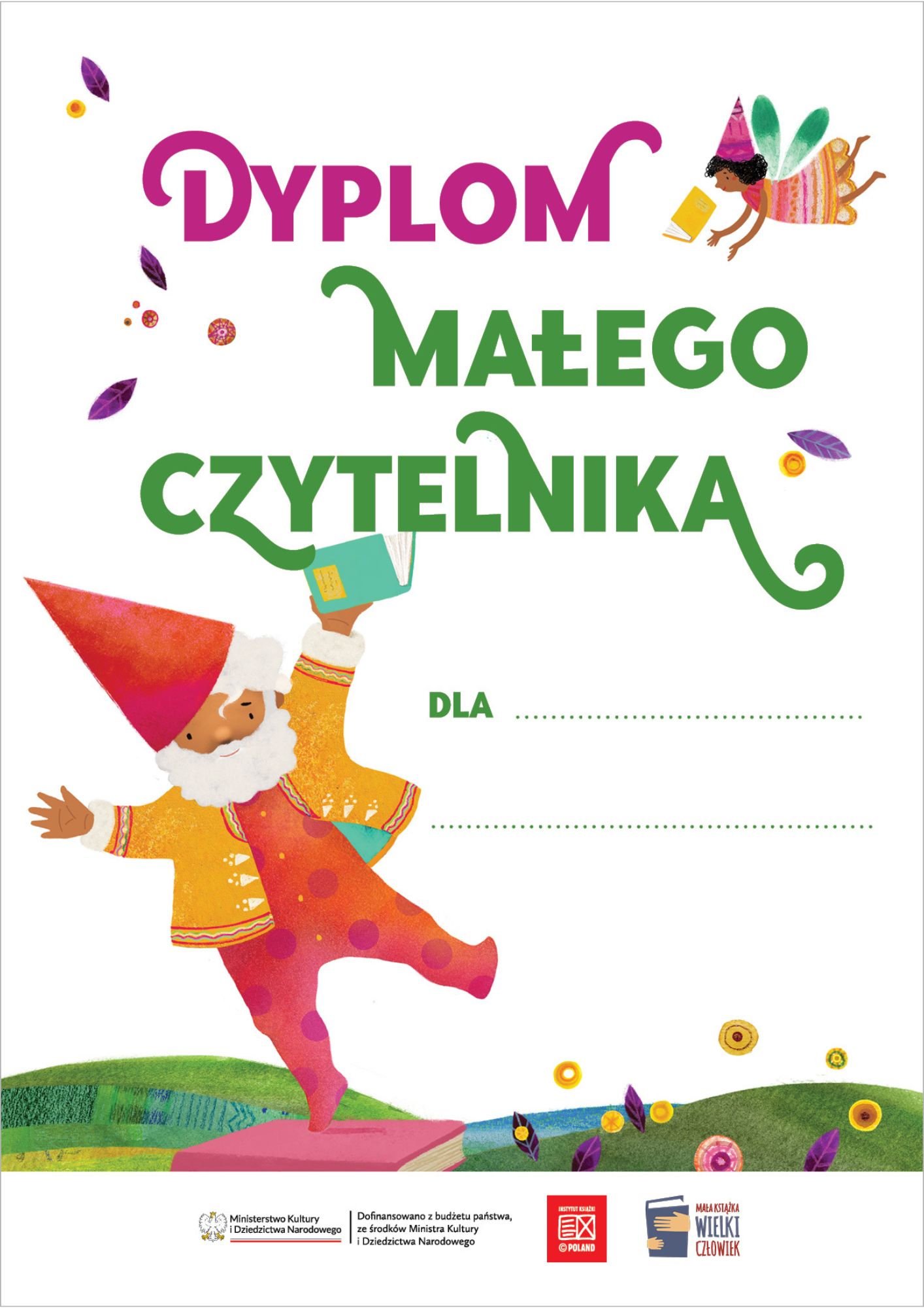 Krasnal w czerwonej czapce stojący na jednej nodze, napis: Dyplom Małego Czytelnika dla...