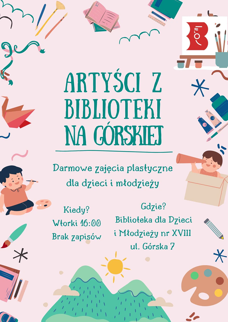 Na różowym tle znajdują się rysunki dzieci, książek, góra, słońce i inne elementy, oraz logotyp bibliotek warszawskich. Po środku tekst o zajęciach plastycznych - szczegóły w artykule.
