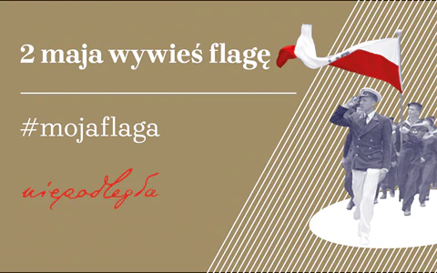 Polska flaga niesiona przez żołnieży. Logotyp niepodległej oraz hashtag mojaflaga