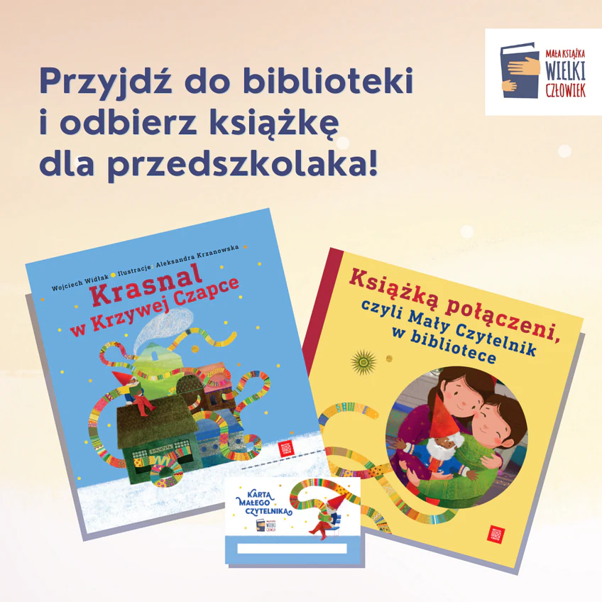 Na beżowym tle widać dwie książeczki dla dzieci, a na nich karta małego czytelnika. Wszystko jest wielobarwne.