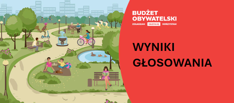 Narysowany park, a w nim ludzie zajmującymi się różnymi zajęciami.