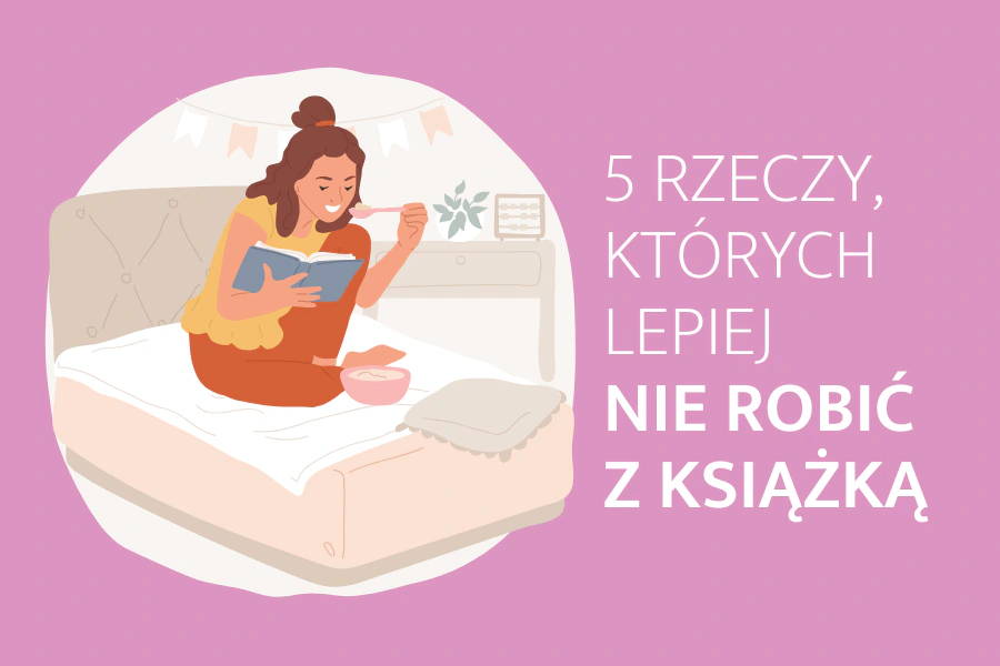 Rysunek brązowowłosej kobiety siedzącej na łóżku z książką w ręku, jedzącą coś z różowej miski.
