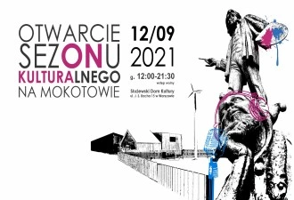 Z lewej strony grafiki napis: Otwarcie sezonu kulturalnego na Mokotowie. Z prawej strony widać dwie rzeźby: jedna przedstawia malarza, druga filozofa. Malarz na palecie ma barwy fioletowe oraz niebieskie. Filozof ma założone fioletowe słuchawki, a przed nim stoi niebieski mikrofon. Na spodzie grafiki widać ogrodzenie, zabudowania oraz elektrownię wiatrową.