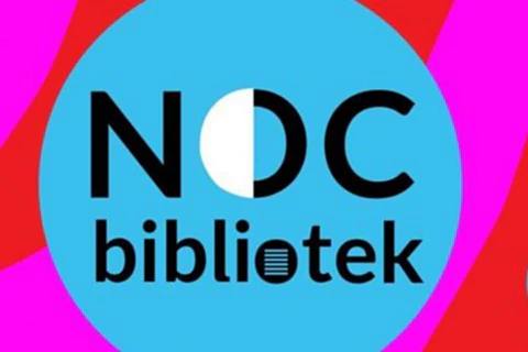Stylizowane logo Nocy Bibliotek. Pierwsza litera O przypomina połowę księżyca, druga litera O przypomina stos książek.