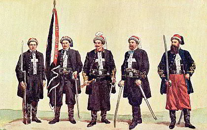 „Wojsko polskie. Ostatnie praca Walerego Eljasza". Autor: Walery Eliasz-Radzikowski, polski malarz i fotograf. Popularyzator Tatr i Zakopanego. Kolorowy rysunek przedstawia pięciu mężczyzn z oddziału „Żuawów śmierci", ich ubiór i uzbrojenie. Cechą charakterystyczną  ubioru były duże białe krzyże na granatowych bluzach munduru .  Ilustracja pochodzi z książki Augusta Sokołowskiego pt. „Dzieje Powstania Styczniowego 1863-1864" z cyklu „Powstania polskie", nakładem: Benjamina Harza (prawdopodobnie: przełom XIX/XX wieku).