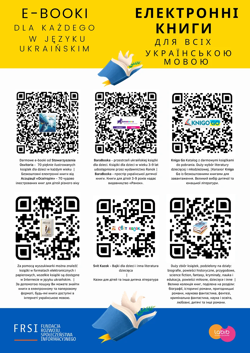 Plakat z kodami QR prowadzącymi do e buków w języku ukraińskim.