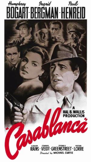Plakat filmu Casablanca. W czarno białej tonacji przedstawione są główne postacie z filmu. Z przodu wyróżniają się Humphrey Bogart w białym prochowcu i ciemnym kapeluszu oraz Ingrid Bergman w krótkiej fryzurze.