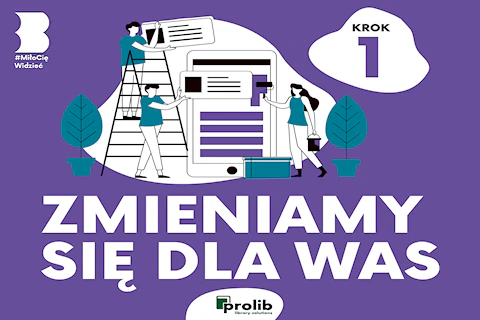 Rysunek dwóch roślin w donicach, pomiędzy którymi jest trójka ludzi i smartfon większy niż człowiek. Jedna kobieta ma wiadro i wałek do malowania. Dwójka mężczyzn trzyma w dłoniach jakiś tekst.