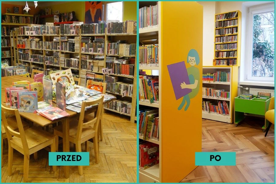 Wnętrza biblioteki przed i po remoncie, widoczne regały na książki, książki i meble biblioteczne