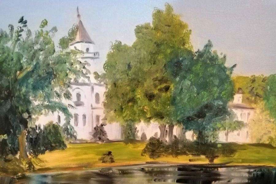 Obraz przedstawiający budynek kościoła nad brzegiem jeziora