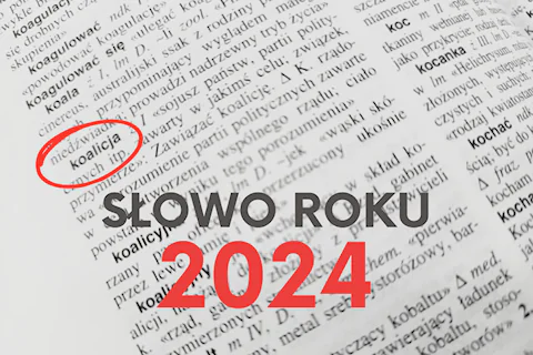 Zdjęcie strony ze słownika języka polskiego plus napis Słowo Roku 2024.