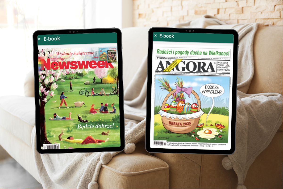 Na tle fotela z narzuconym kocem dwa tablety z e-prasą