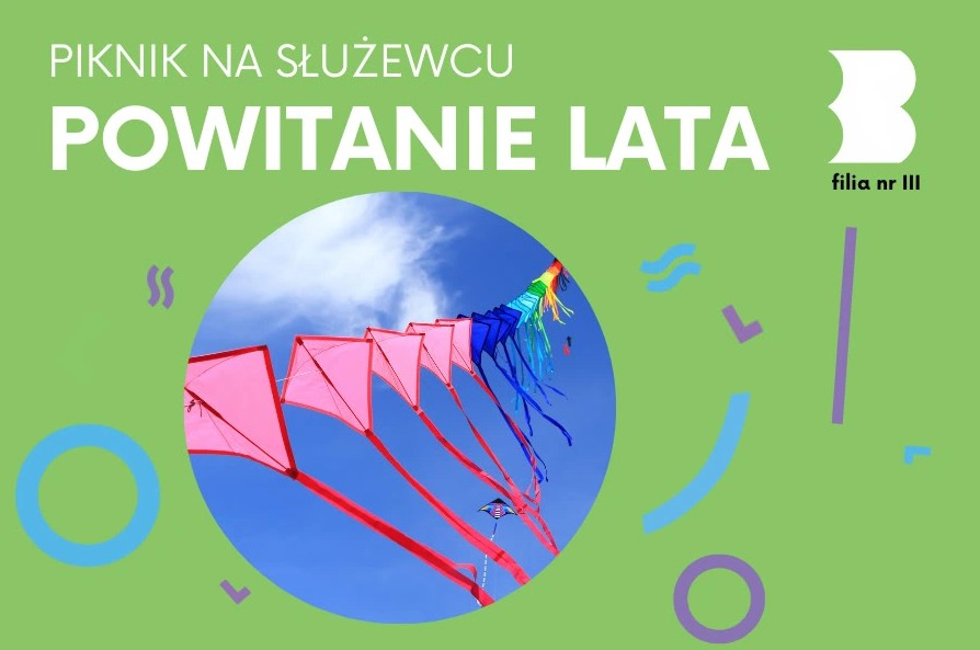 Na zielonym tle napis "powitanie lata", w kółku latawce na tle nieba