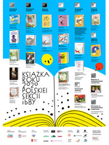 Na środku otwarta książka, nad nią okładki nagrodzonych pozycji oraz zdjęcia laureatów konkursu „Książka Roku 2020 Polskiej Sekcji Ibby”. Na dole logotypy.
