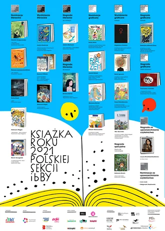 Niebieska plansza prezentująca nagrodzone książki. W środku grafika – otwarta książka, na niej tekst: KSIĄŻKA ROKU 2021 POLSKIEJ SEKCJI IBBY. Na dole logotypy.