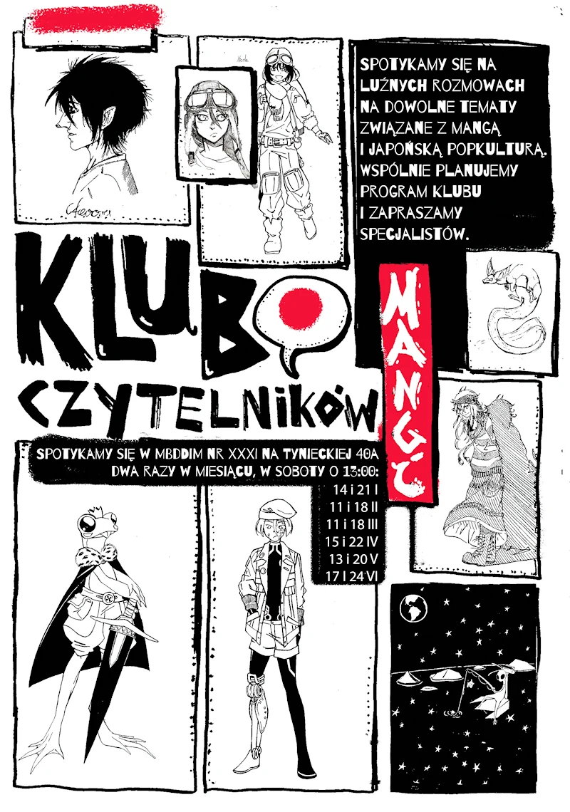 Plakat z kilkoma rysunkami w stylu komiksowym przedstawiające różne postacie ludzki i nieludzki, Do tego tekst zawarty w artykule.