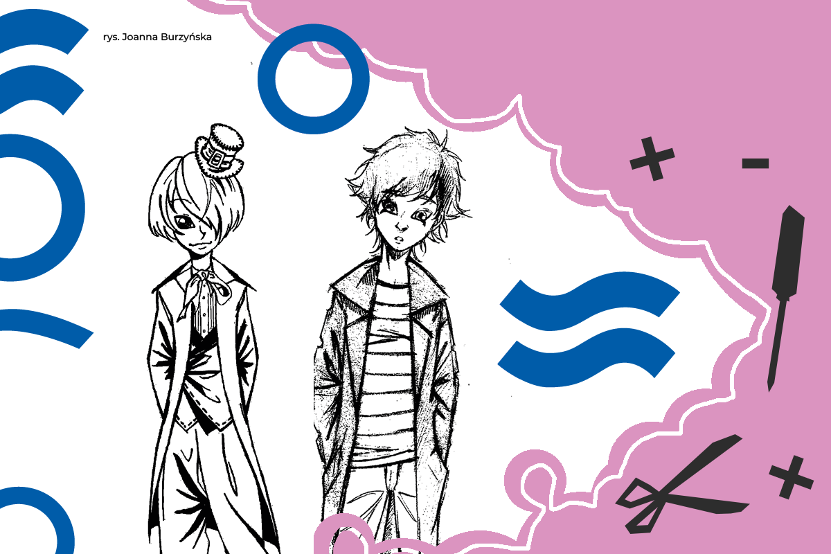 Dwie postaci w stylu mangowym na białym tle; powyżej napis: "rys. Joanna Burzyńska"; po prawej chmura z piktogramami narzędzi; na całej grafice niebieskie symbole geometryczne
