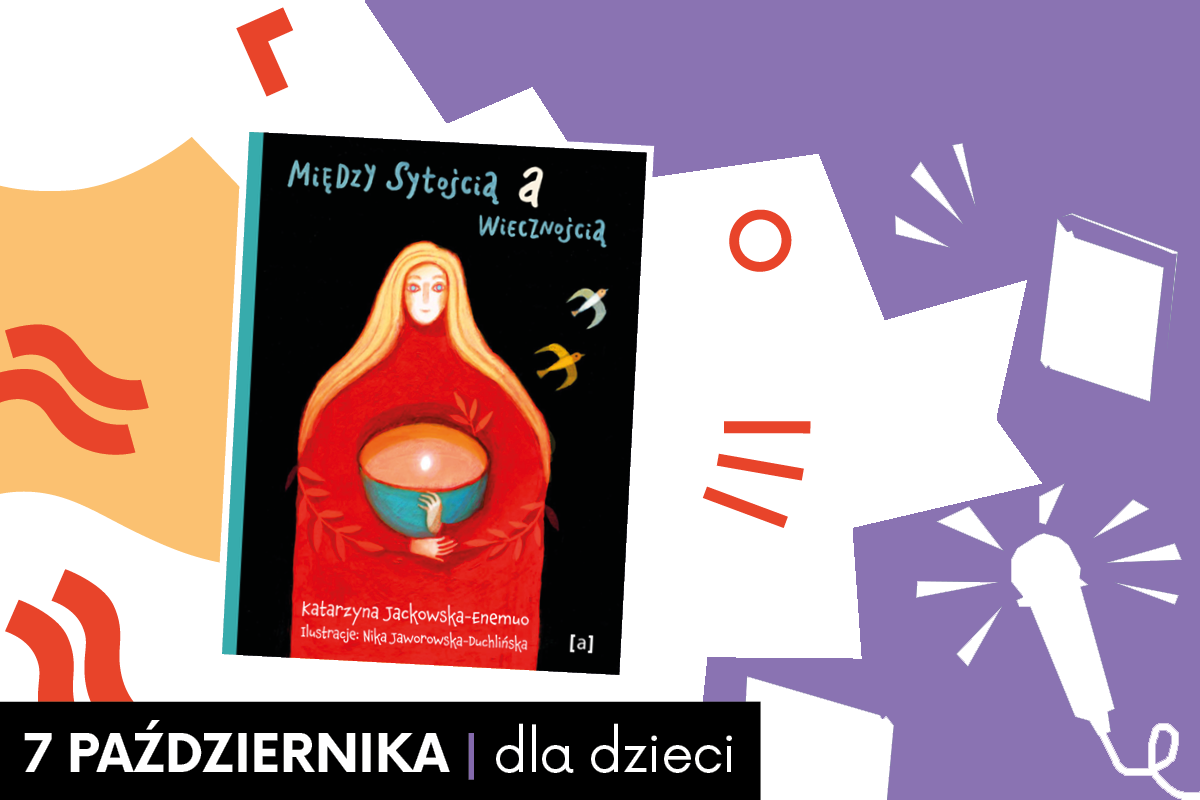 Czarno-jasno niebiesko-żółta okładka książki i portret autorki w sepii na sarym tle. Po prawej stronie fioletowa ramka z piktogramami książek i mikrofonów.