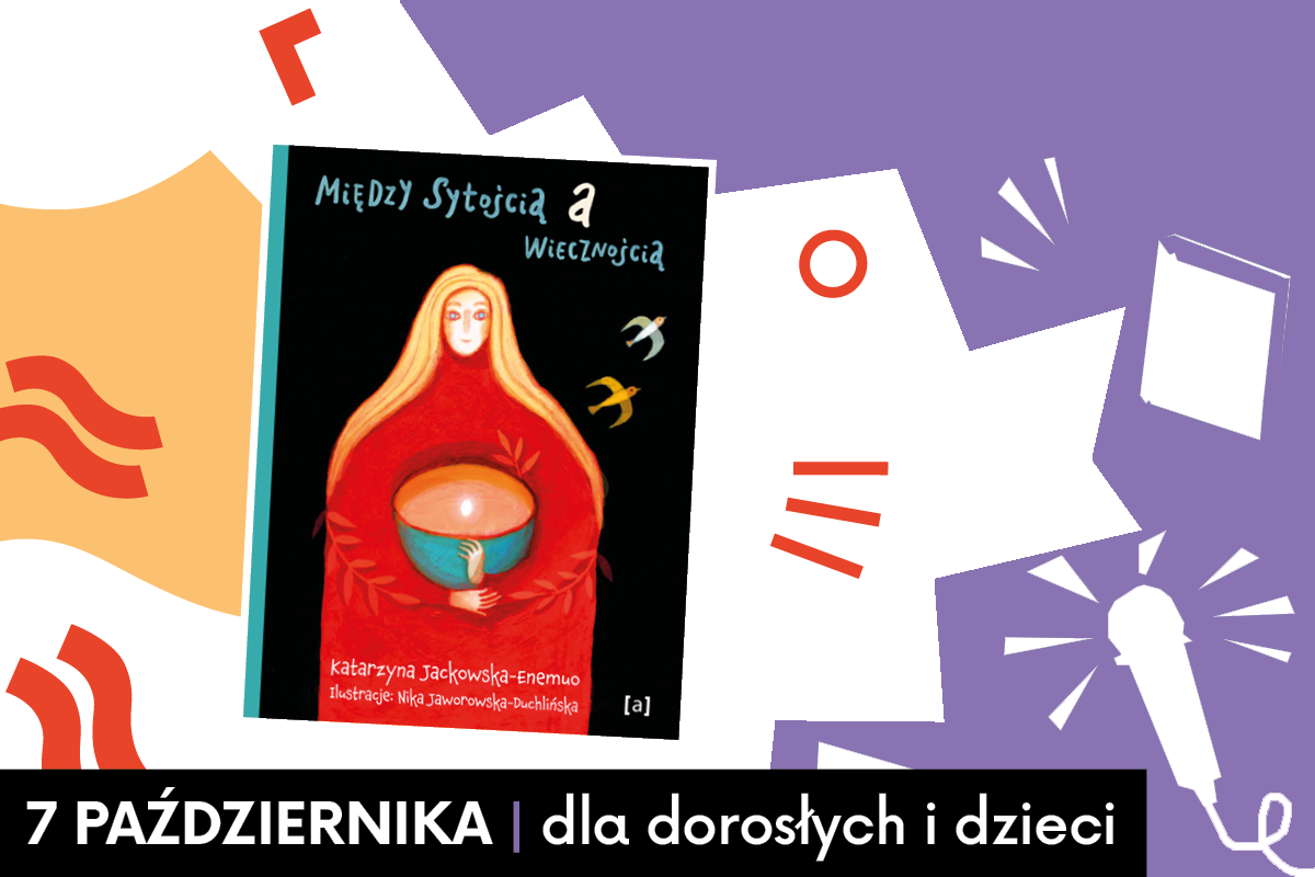Czarno-jasno niebiesko-żółta okładka książki i portret autorki w sepii na sarym tle. Po prawej stronie fioletowa ramka z piktogramami książek i mikrofonów.