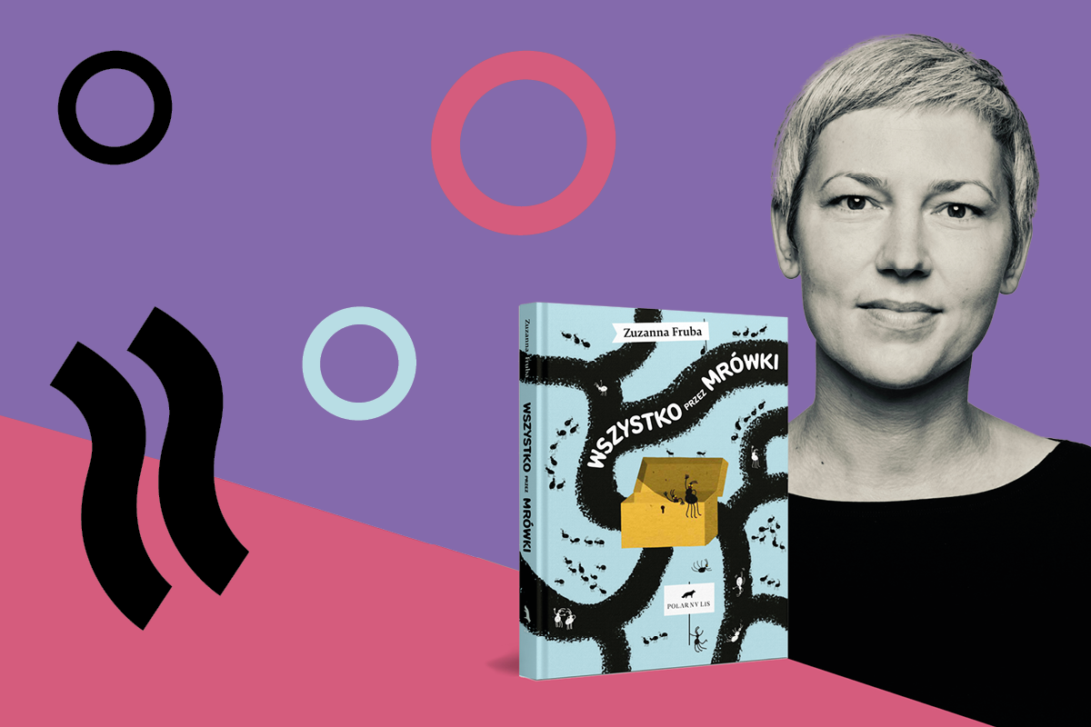 Portret autorki w sepii, obok czarno-jasno niebiesko-żółta okładka książki, w tle fiolet i róż oraz formy geometryczne w różnych kolorach.